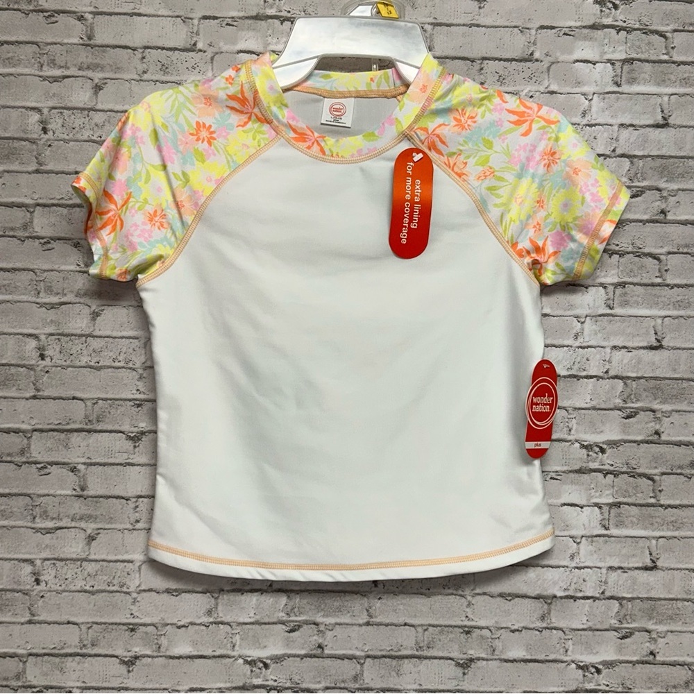 Wonder Nation Floral Short Sleeve Rash Guard Set 2pc L 10/12 White NEW NWT